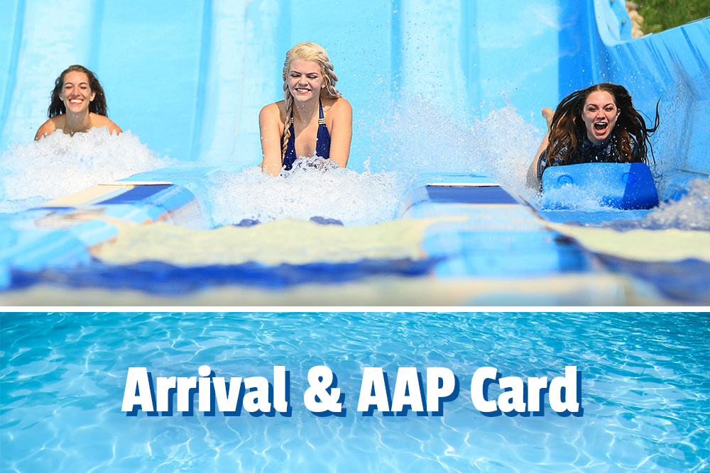 Arrivals and AAP Card, 3 girls sliding on a water attraction