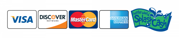 Accepted credit cards, visa, discover network, mastercard, american express, water world splash pass
